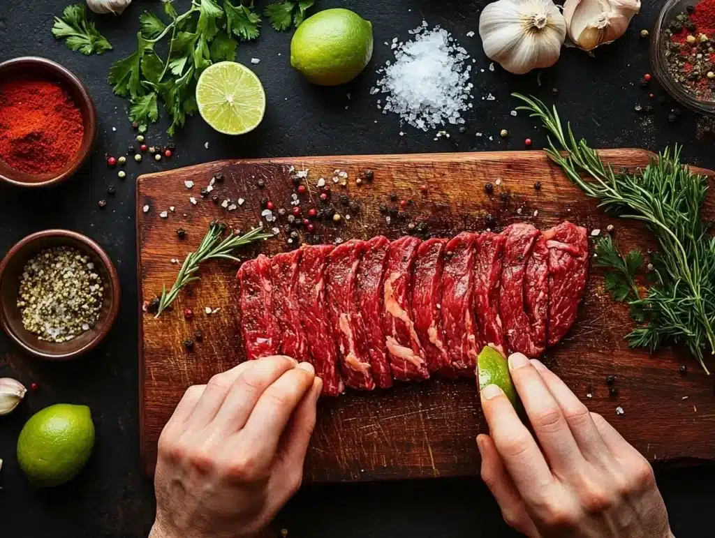 Top-down view of raw skirt steak on a wooden cutting board with lime wedges, garlic cloves, chili powder, and a chef slicing against the grain