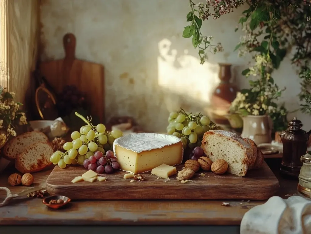 Rustic Danish cheese platter with Havarti, Danbo, and Danablu on a wooden board, surrounded by grapes, nuts, and bread in a cozy Scandinavian kitchen.