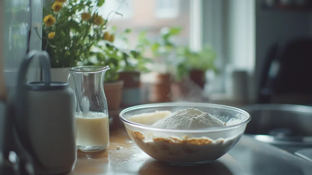 A minimalist kitchen counter featuring a cook adding water to a mixing bowl filled with pancake mix, with ingredients neatly arranged and a glass jug of water in focus.