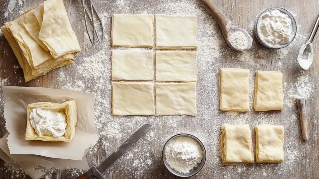 Step-by-step images of assembling a cheese Danish, showing puff pastry squares, cream cheese filling, and folded dough on a floured surface.