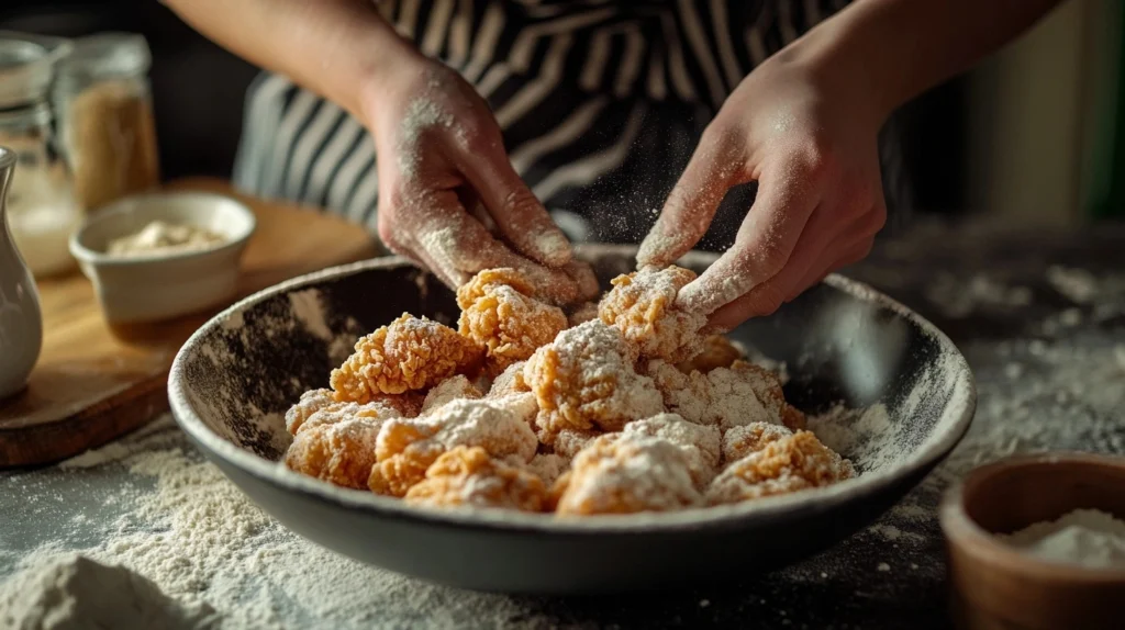 Hands dredging chicken in seasoned flour, dipping it into buttermilk, and re-coating it in flour on a clean kitchen counter with scattered flour