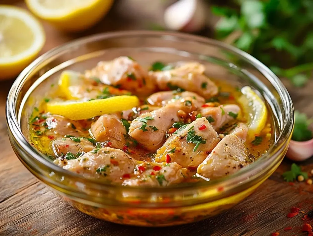 A close-up of a vibrant chicken marinade in a glass bowl with lemon slices, olive oil, garlic, fresh herbs, and paprika on a wooden kitchen countertop