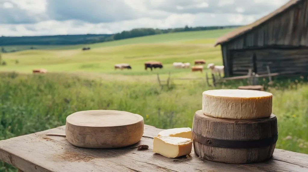 Traditional Danish farm scene with a cheesemaker handcrafting wheels of cheese, surrounded by green fields, cows, and a rustic wooden barn.