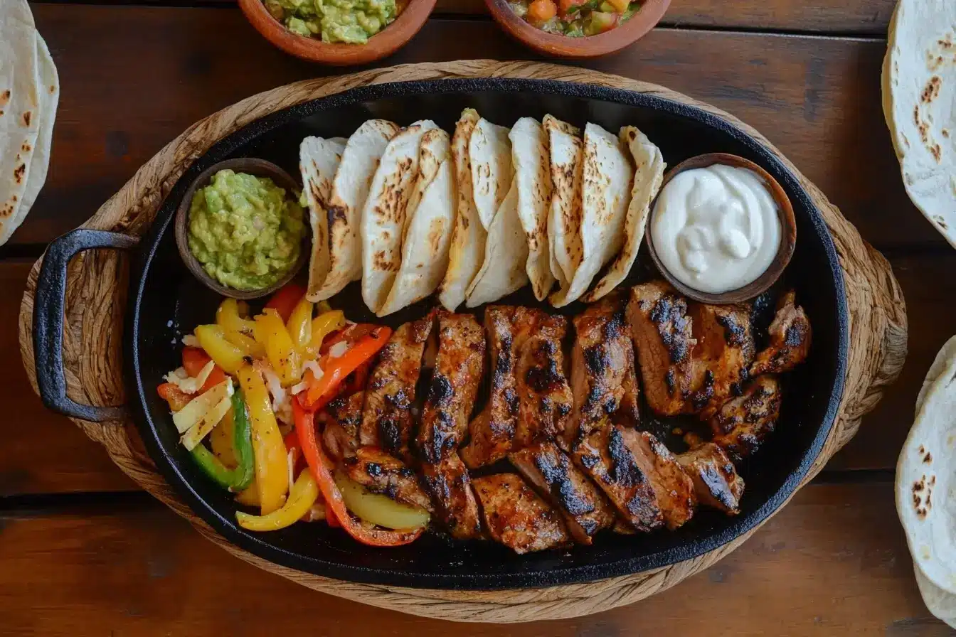 Fajita spread featuring grilled meat, sautéed vegetables, warm tortillas, and toppings like guacamole, sour cream, and salsa on a rustic wooden table