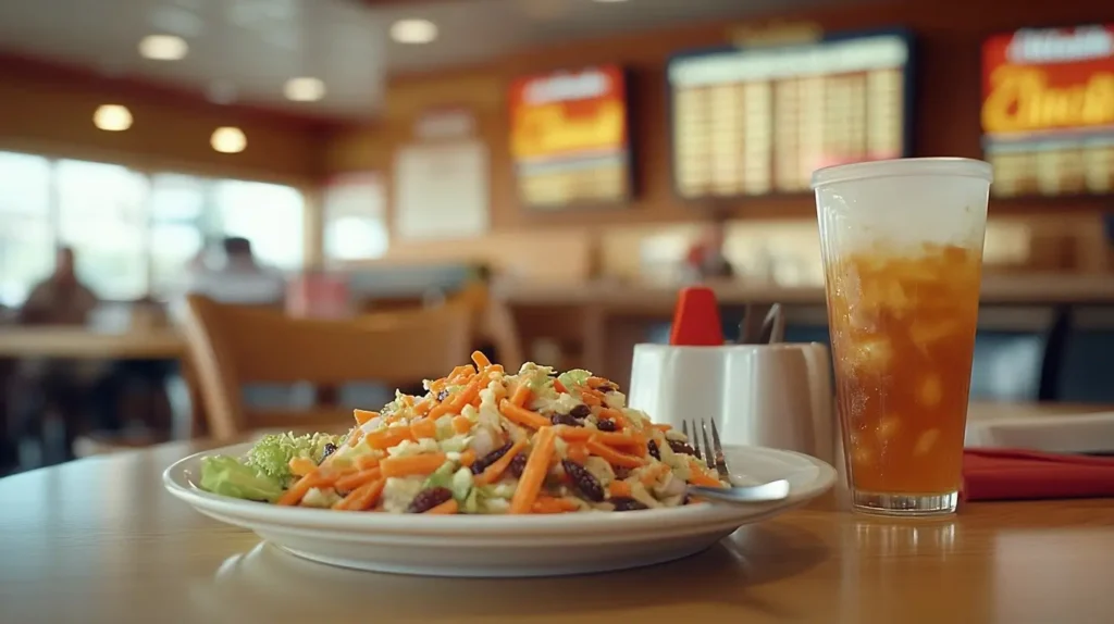 A classic Chick-fil-A restaurant with a vintage menu board featuring the carrot raisin salad, warm lighting, and Southern-inspired decor