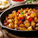 A cast-iron skillet filled with crispy Potatoes O'Brien, featuring golden diced potatoes, red and green bell peppers, and onions, served on a rustic breakfast table