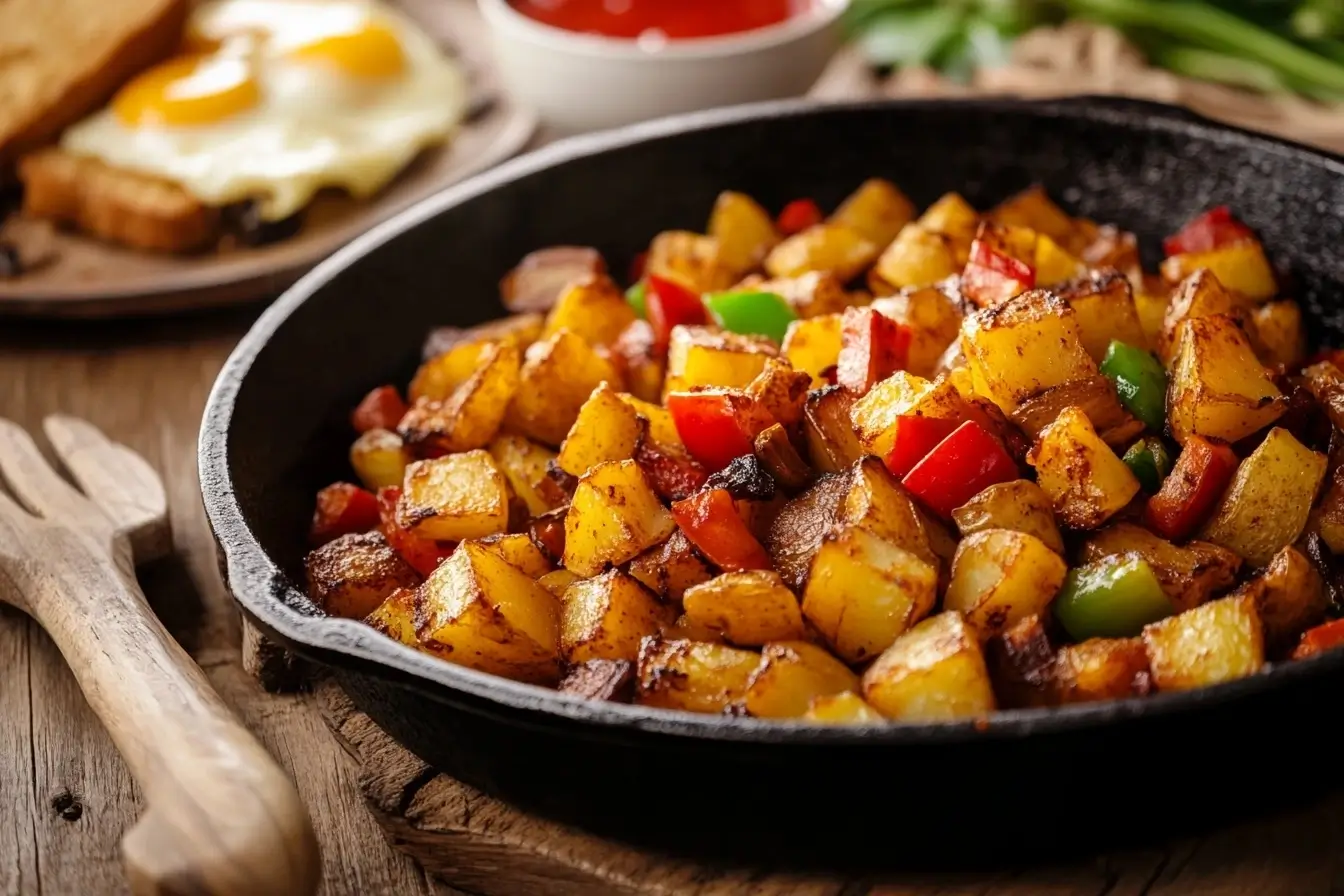 A cast-iron skillet filled with crispy Potatoes O'Brien, featuring golden diced potatoes, red and green bell peppers, and onions, served on a rustic breakfast table