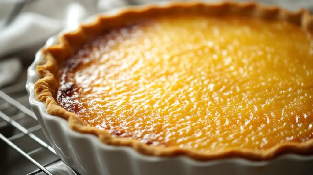 A golden, flaky blind-baked pie crust cooling on a wire rack, with a crisp texture and slightly fluted edges.