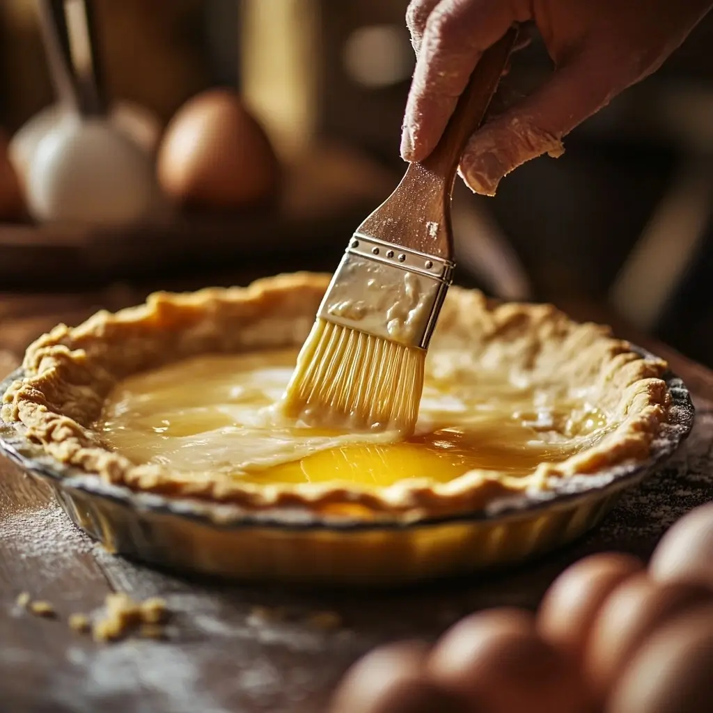 A baker brushing egg wash onto a partially baked pie crust, giving it a glossy and moisture-resistant seal.