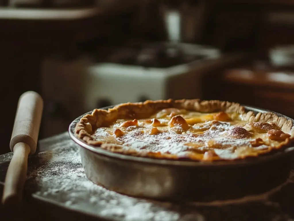 Unbaked pie crust in a metal dish lined with parchment paper and filled with ceramic baking beads for blind baking.