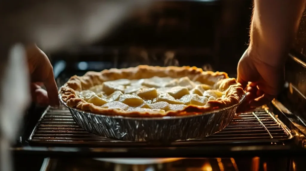 Pie crust in a metal dish lined with parchment paper and filled with pie weights, being placed into the oven for blind baking