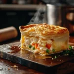 Golden-brown homemade chicken pot pie with a crispy bottom crust, a slice removed revealing creamy chicken filling with vegetables, steam rising.