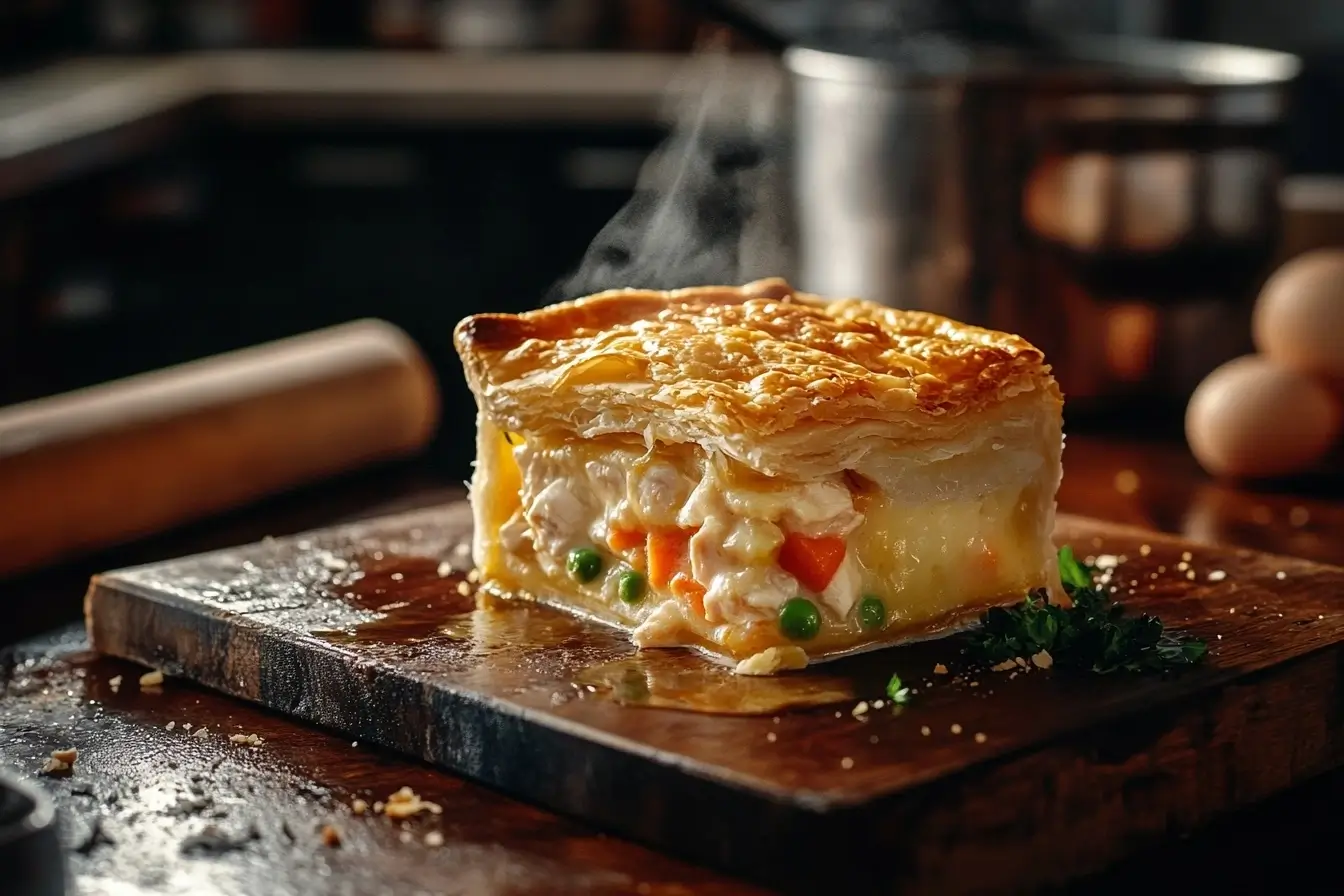 Golden-brown homemade chicken pot pie with a crispy bottom crust, a slice removed revealing creamy chicken filling with vegetables, steam rising.