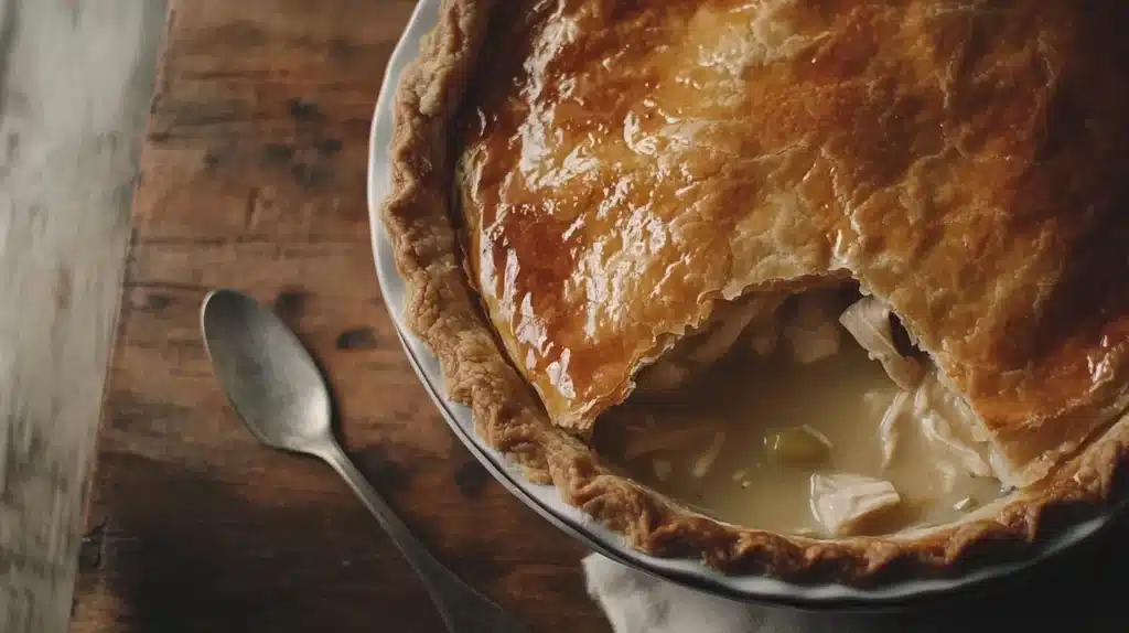 Freshly baked chicken pot pie with a golden-brown crust, a slice removed to reveal the crispy bottom and creamy chicken filling.