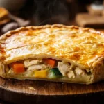 A golden, flaky homemade chicken pot pie with a crisp bottom crust, a steaming slice cut out revealing creamy chicken and vegetable filling.