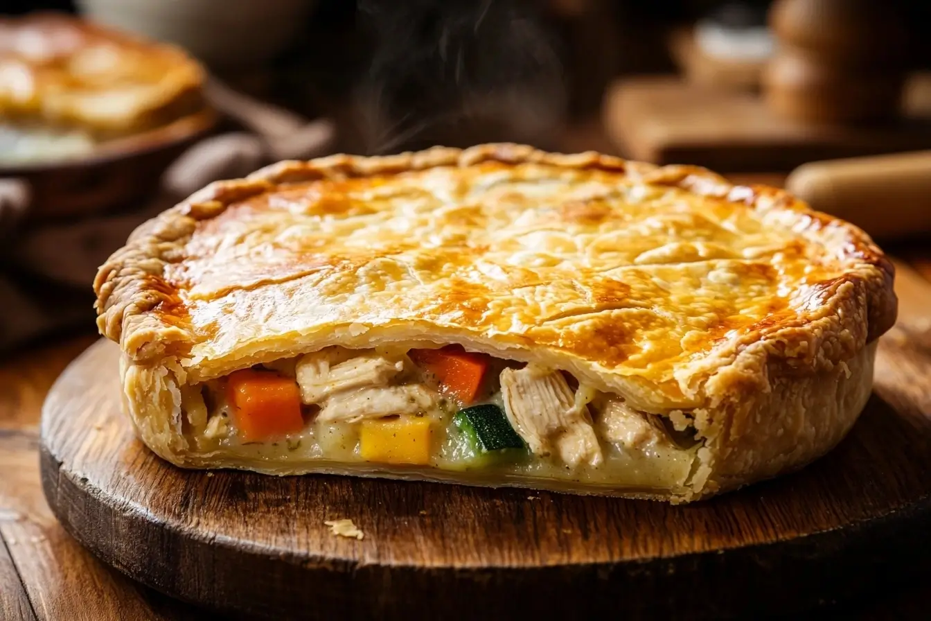 A golden, flaky homemade chicken pot pie with a crisp bottom crust, a steaming slice cut out revealing creamy chicken and vegetable filling.