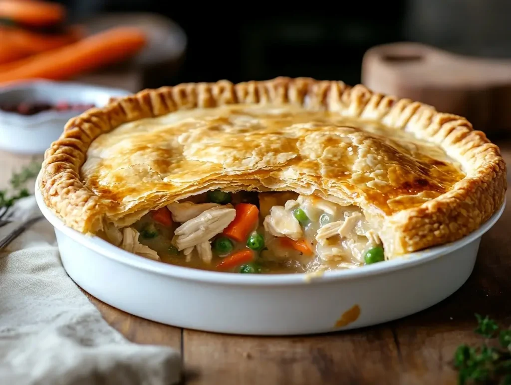 A fully baked chicken pot pie with a golden, flaky crust, a cut-out slice revealing a crispy bottom and creamy filling.