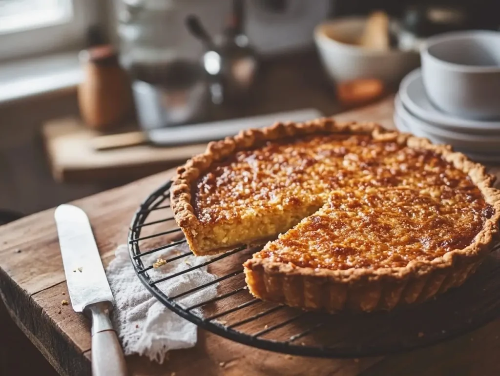 Golden brown pie with a crispy, flaky crust on a cooling rack, with a slice cut out showing the crunchy bottom, placed on a rustic wooden table