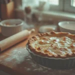 A golden-brown blind-baked pie crust cooling in a ceramic dish on a wooden countertop, surrounded by baking tools and soft natural light.