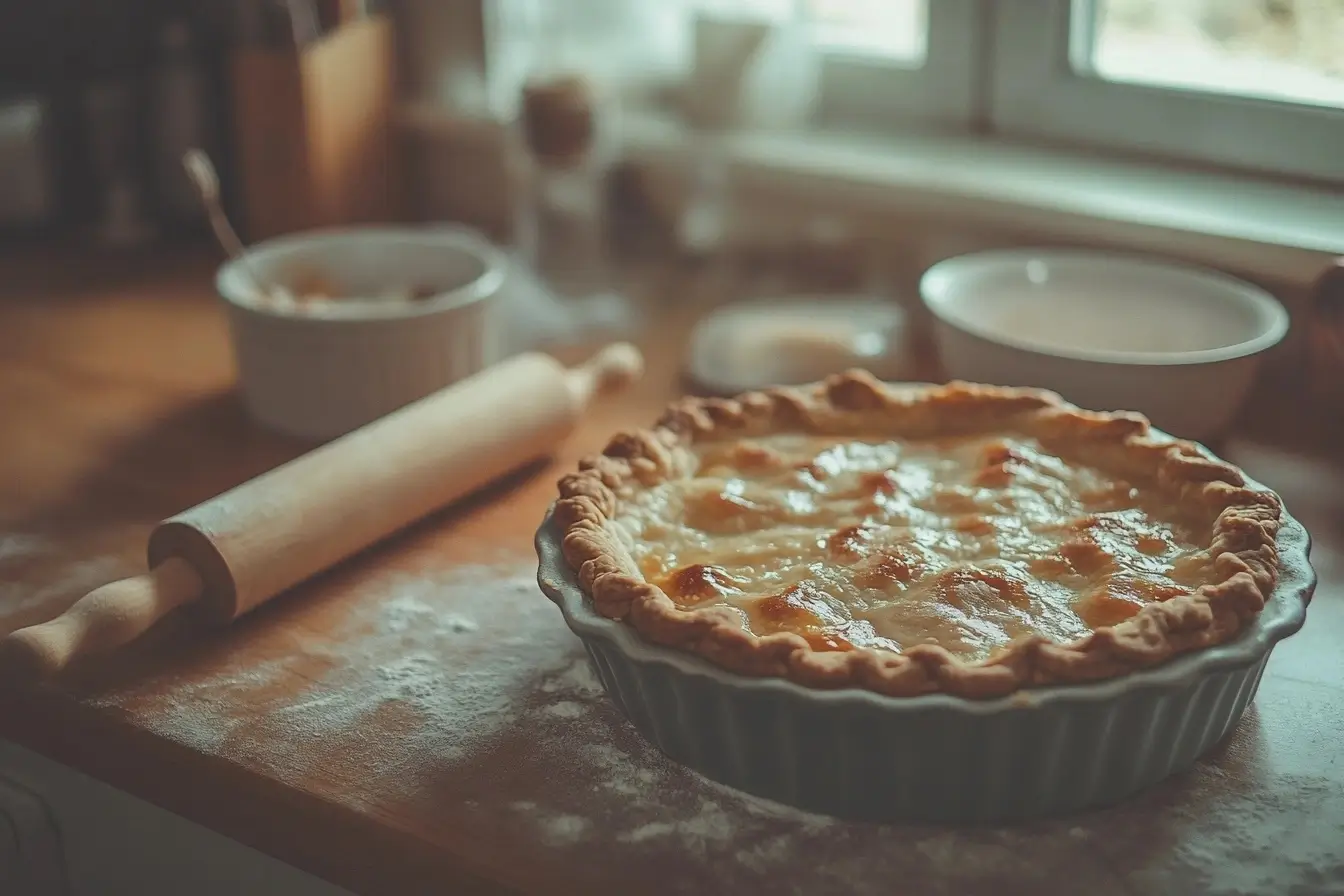 A golden-brown blind-baked pie crust cooling in a ceramic dish on a wooden countertop, surrounded by baking tools and soft natural light.