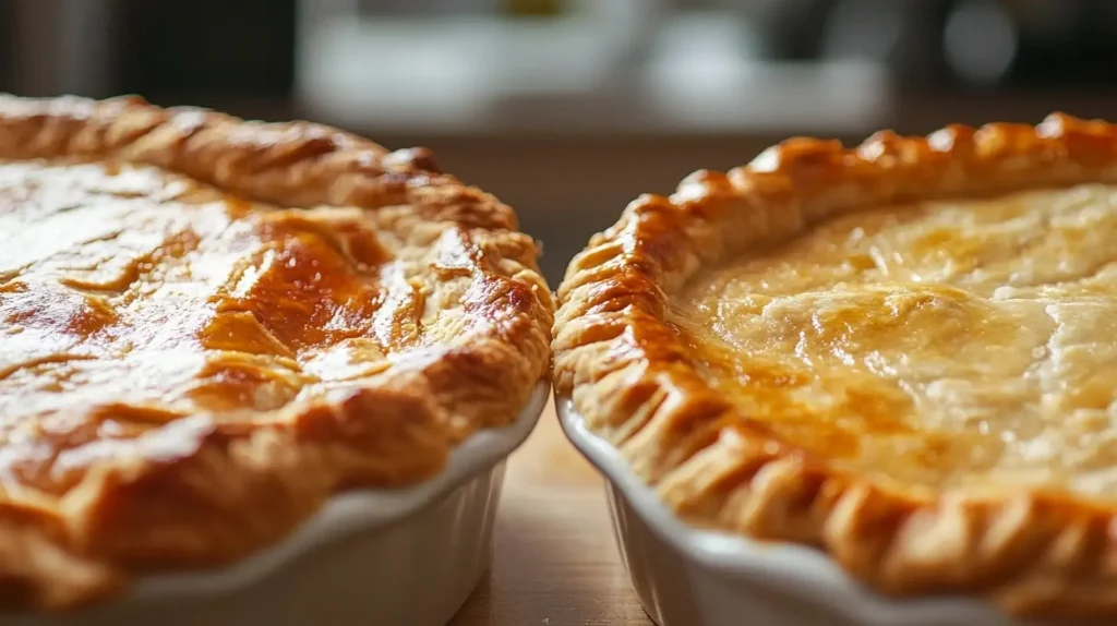 A side-by-side comparison of two chicken pot pies: one with a crisp, golden prebaked bottom crust and another with a soggy, undercooked bottom.