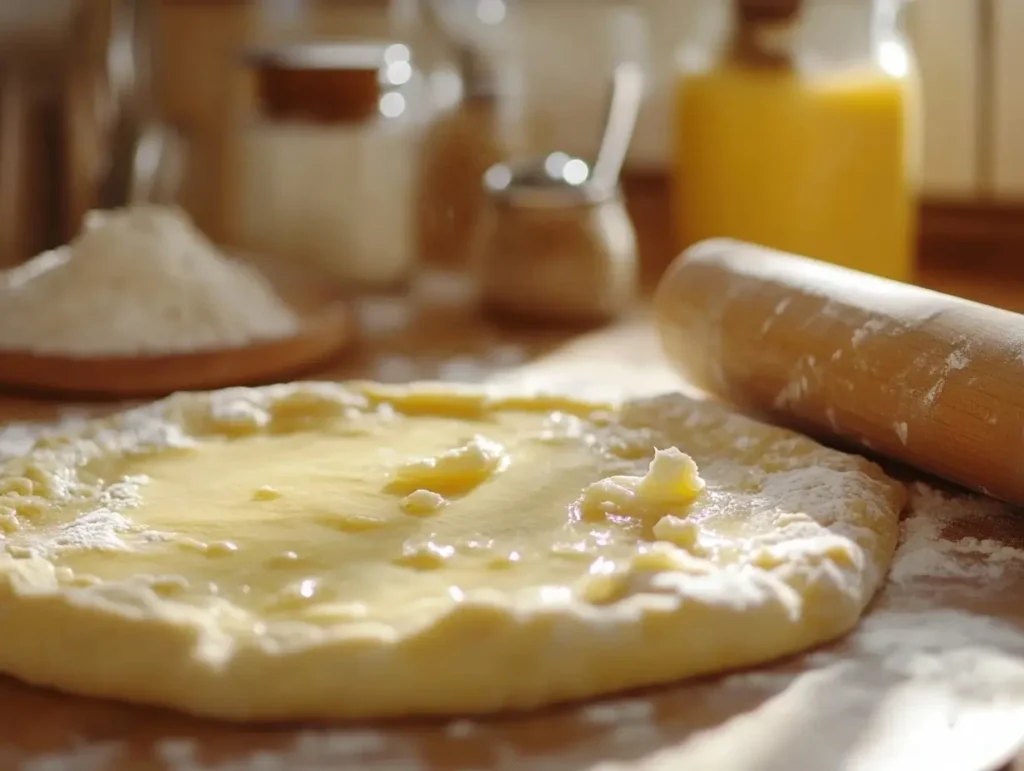 Baker rolling out pie dough on a floured wooden surface with a rolling pin, flour, and butter nearby, preparing the crust for baking