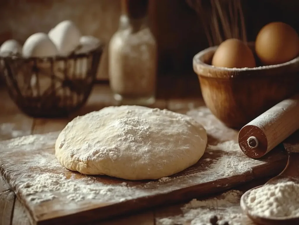 A baker rolling out fresh pie dough on a floured wooden surface, carefully transferring it to a pie dish while trimming the edges.