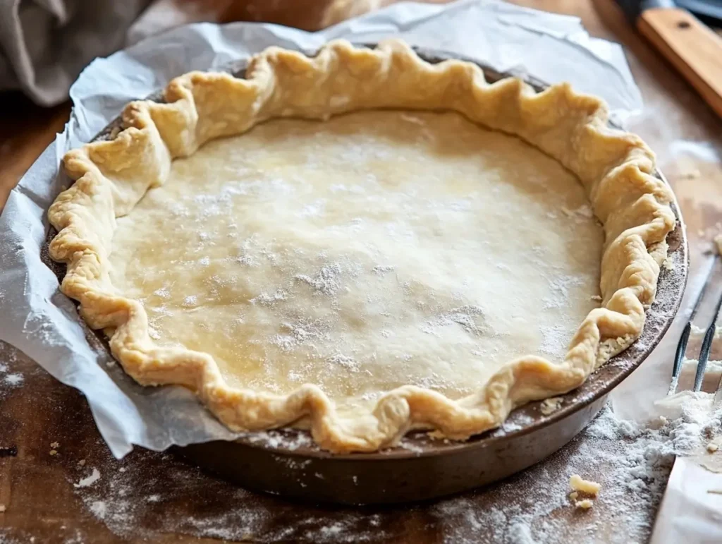 An unbaked pie crust in a ceramic dish, docked with a fork and filled with pie weights on parchment paper, ready for the oven.