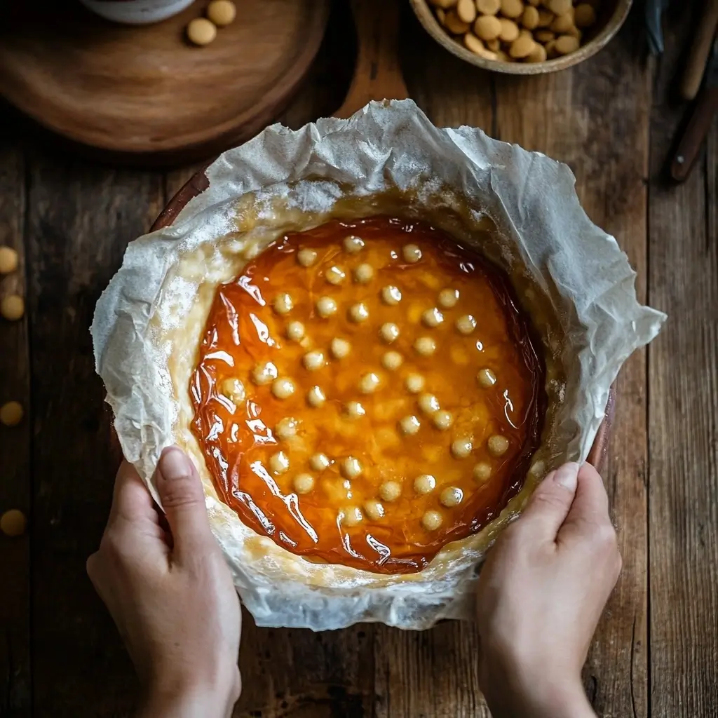 A top-down view of a pie crust lined with parchment paper and filled with ceramic pie weights to prevent bubbling during blind baking.