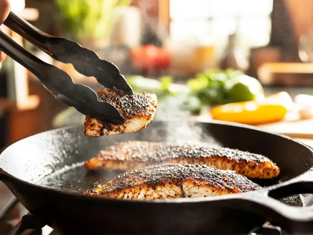 Blackened mahi mahi being flipped in a hot skillet.