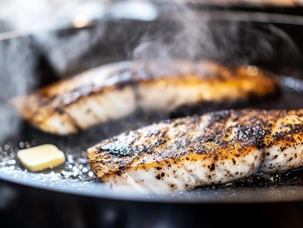 Blackened mahi mahi sizzling in a cast-iron skillet next to a grilled fillet on a BBQ Difference between grilled and blackened mahi mahi