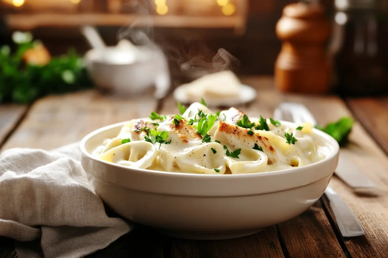ortellini Alfredo in a rustic kitchen setting