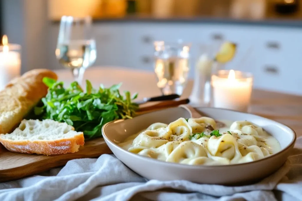 ortellini Alfredo served with garlic bread and salad