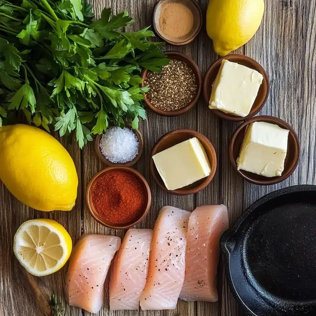 Fresh mahi mahi fillets, blackening spices, and cooking ingredients displayed on a wooden countertop.