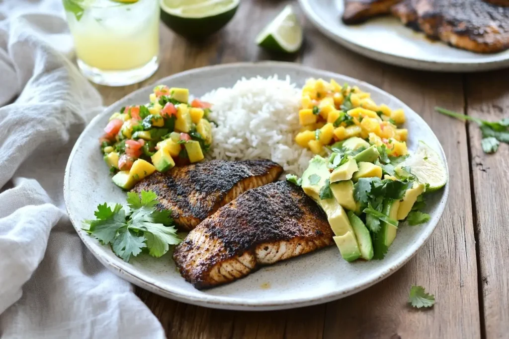 A beautifully plated meal featuring grilled and blackened mahi mahi with fresh sides.